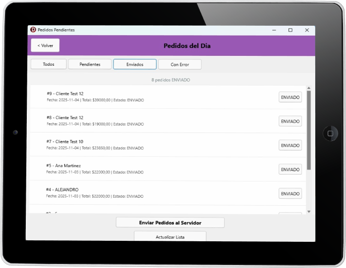 Vista de pedidos en TabletVentas